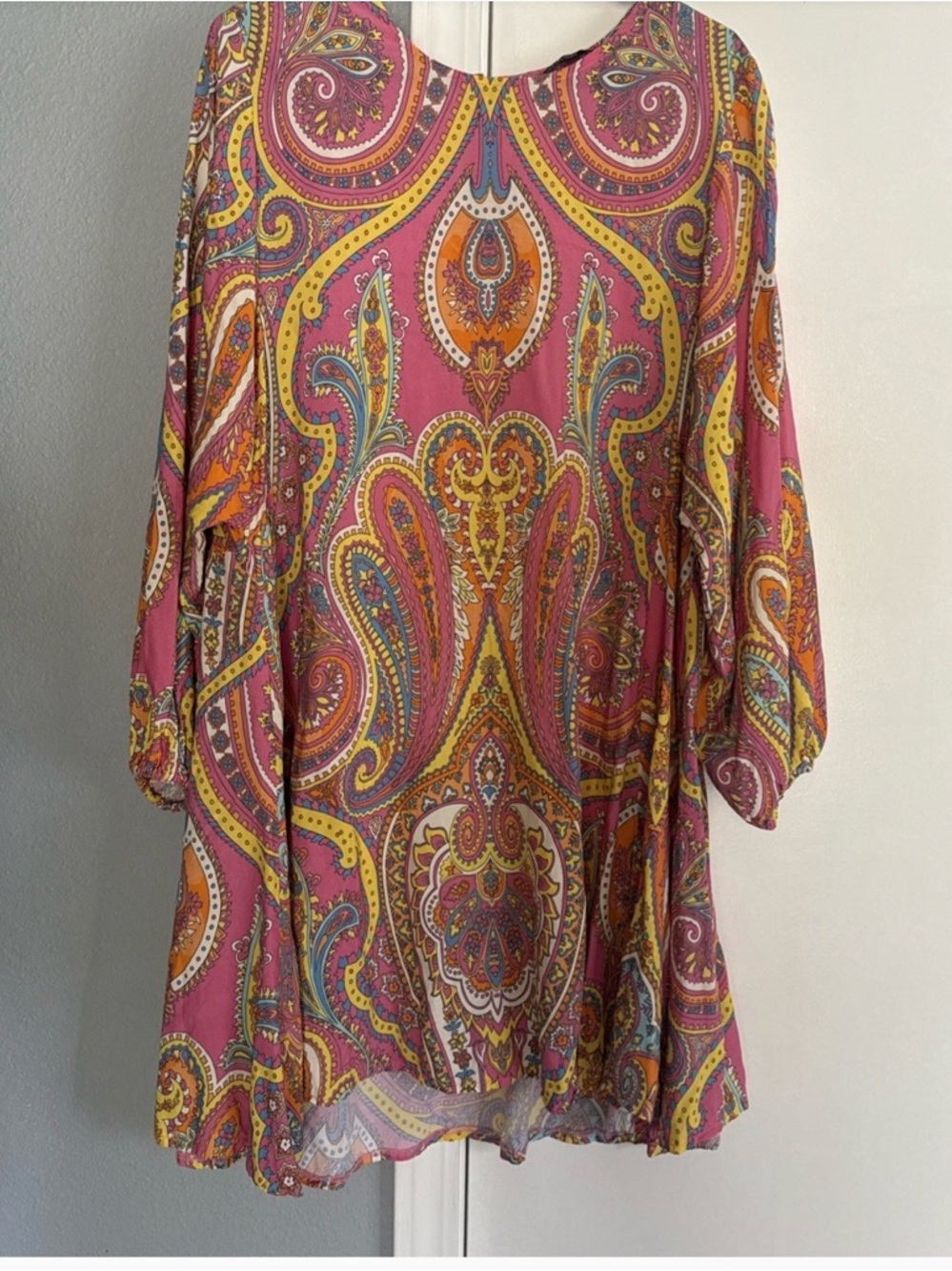 Boston Proper Pink Paisley Long Sleeve Tie-Waist Dress With Braided Sash - Picture 3 of 9